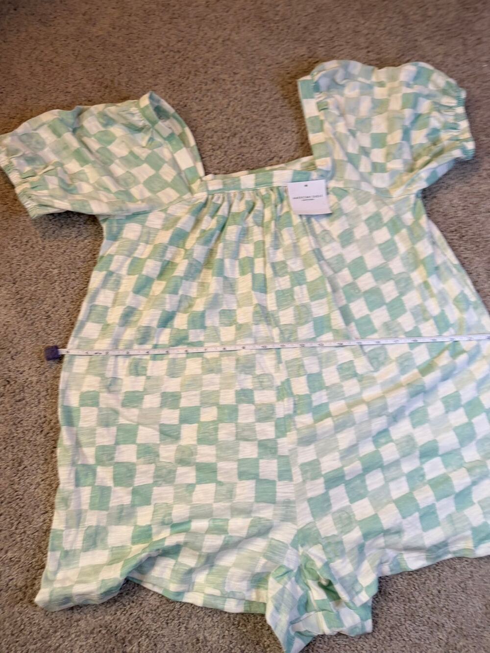 NWT American Eagle Green Checkered Puff Sleeve Romper Square Neck Knit XS Summer